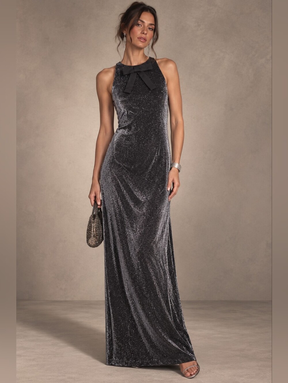 Vintage Black Silver Metallic Maxi Dress with Removable Bow – Evening Gown